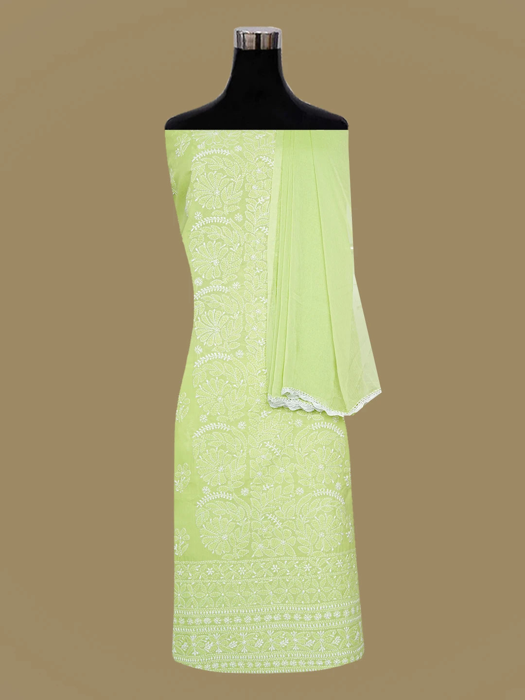 Ada Hand Embroidered Pear Green Cotton Lucknowi Chikankari Unstitched Suit Piece 01A642856