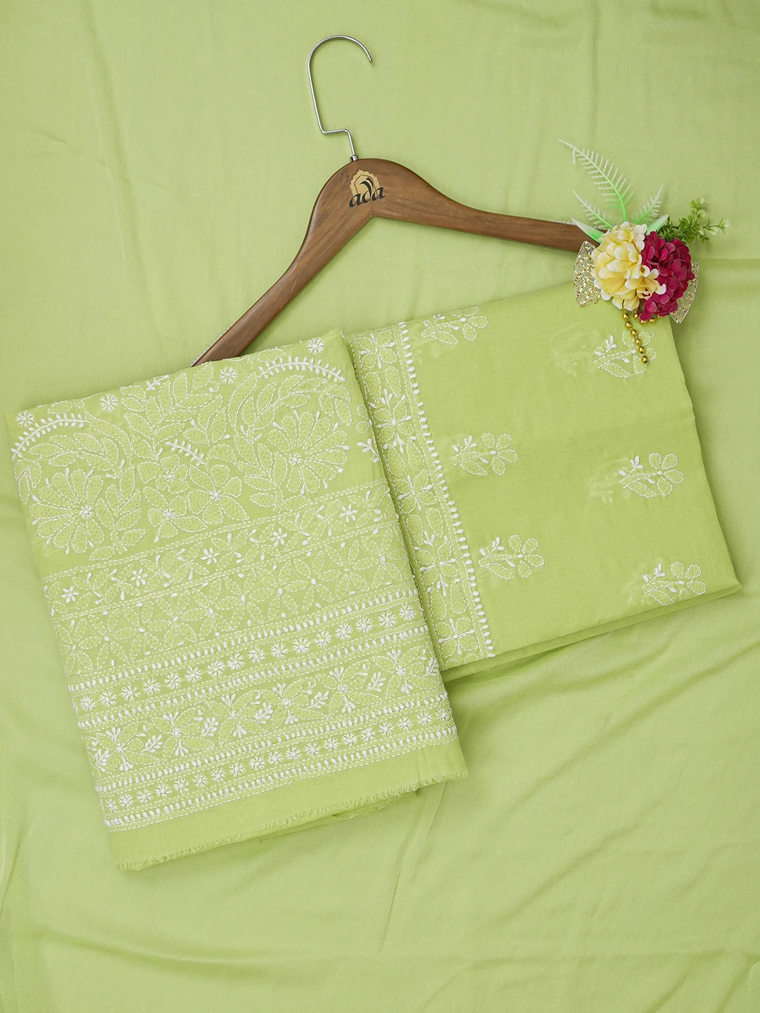 Ada Hand Embroidered Pear Green Cotton Lucknowi Chikankari Unstitched Suit Piece 01A642856