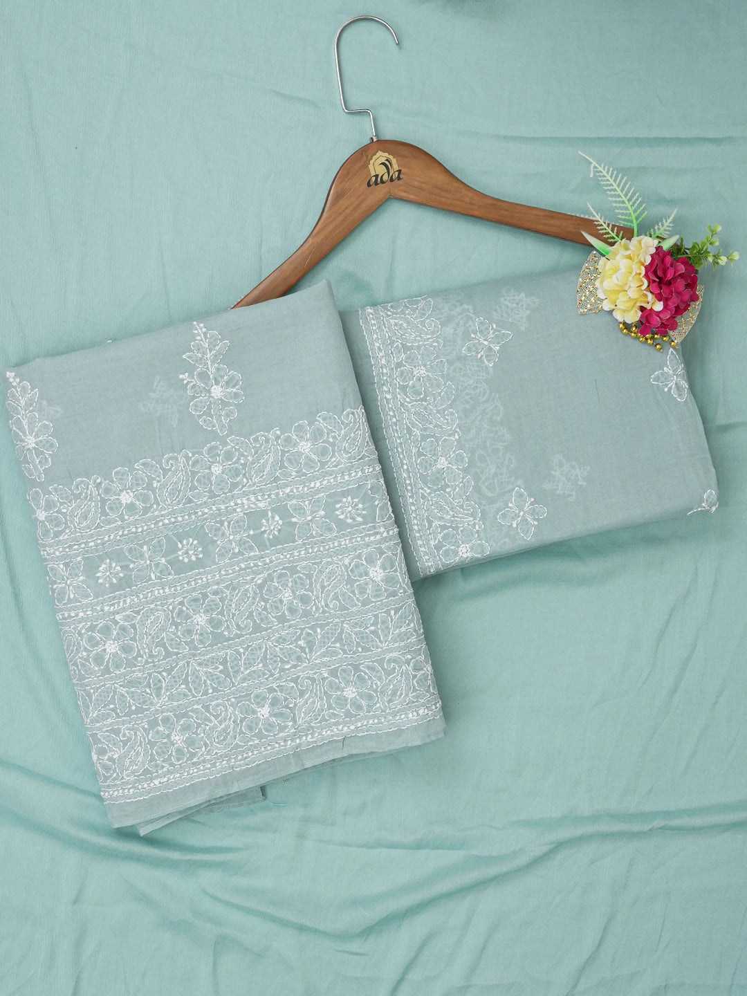 Ada Hand Embroidered Grey Teal Cotton Lucknowi Chikankari Unstitched Suit Piece 01A642678