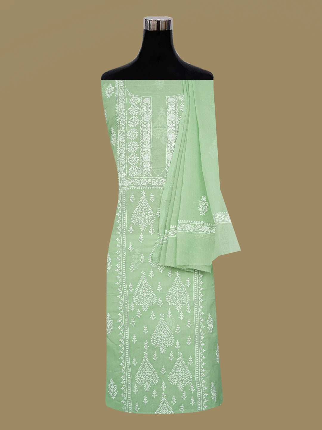 Ada Hand Embroidered Emerald Green Cotton Lucknowi Chikankari Unstitched Suit Piece 01A647396