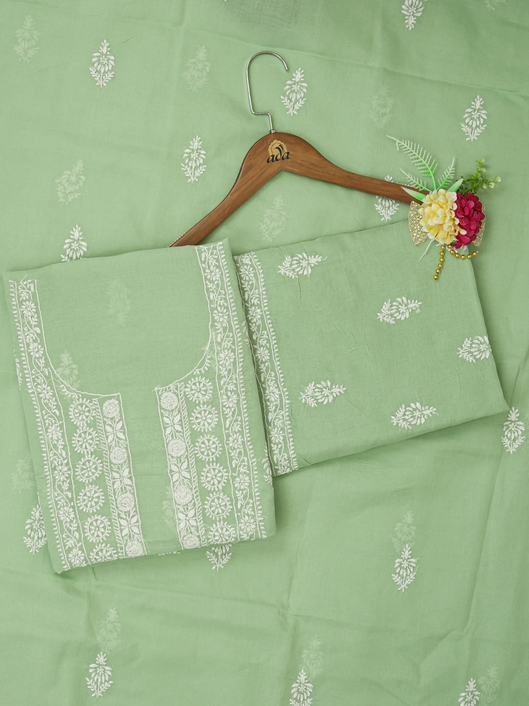 Ada Hand Embroidered Emerald Green Cotton Lucknowi Chikankari Unstitched Suit Piece 01A647396