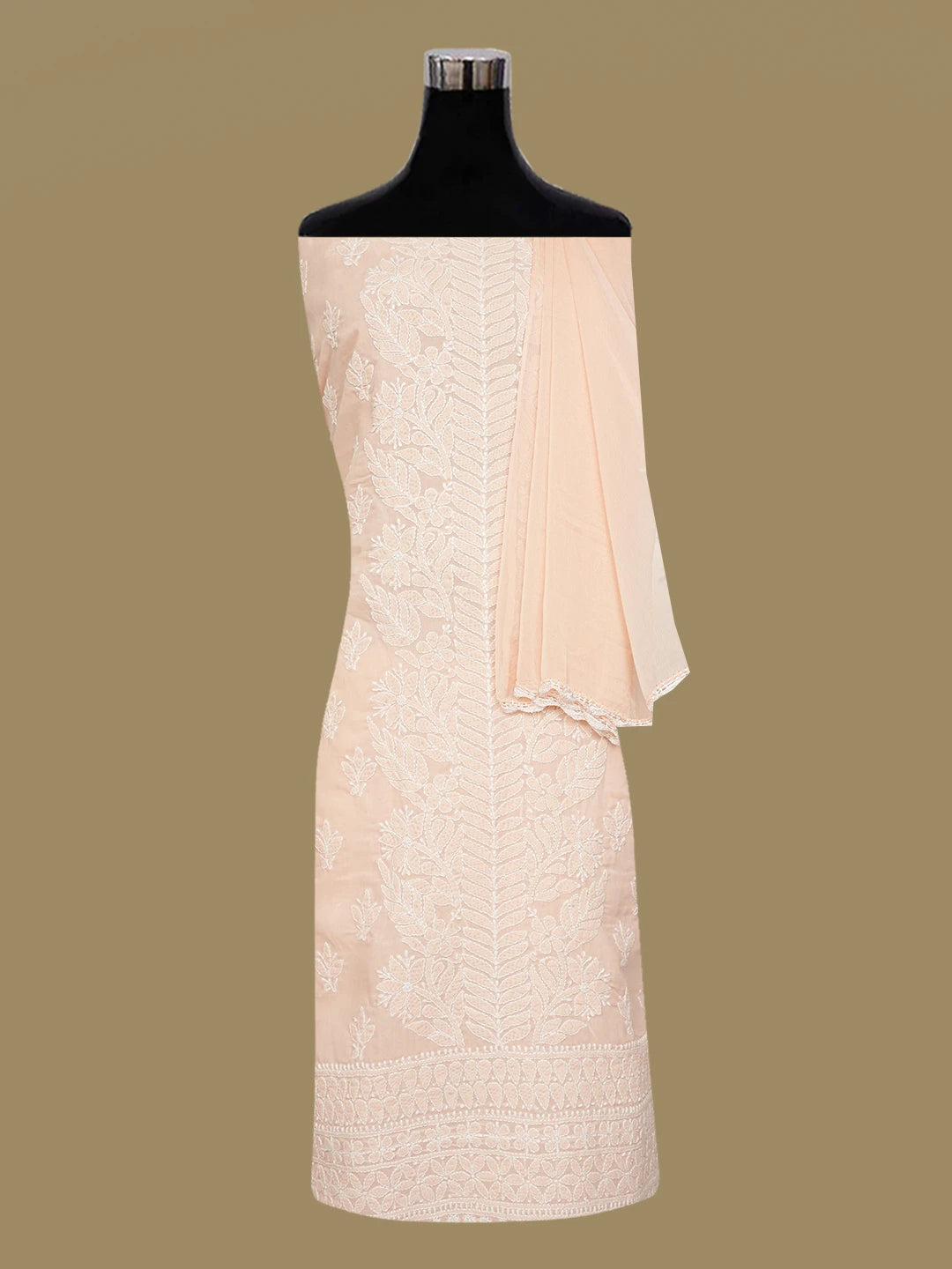 Ada Hand Embroidered Peach Cotton Lucknowi Chikankari Unstitched Suit Piece 01A642861