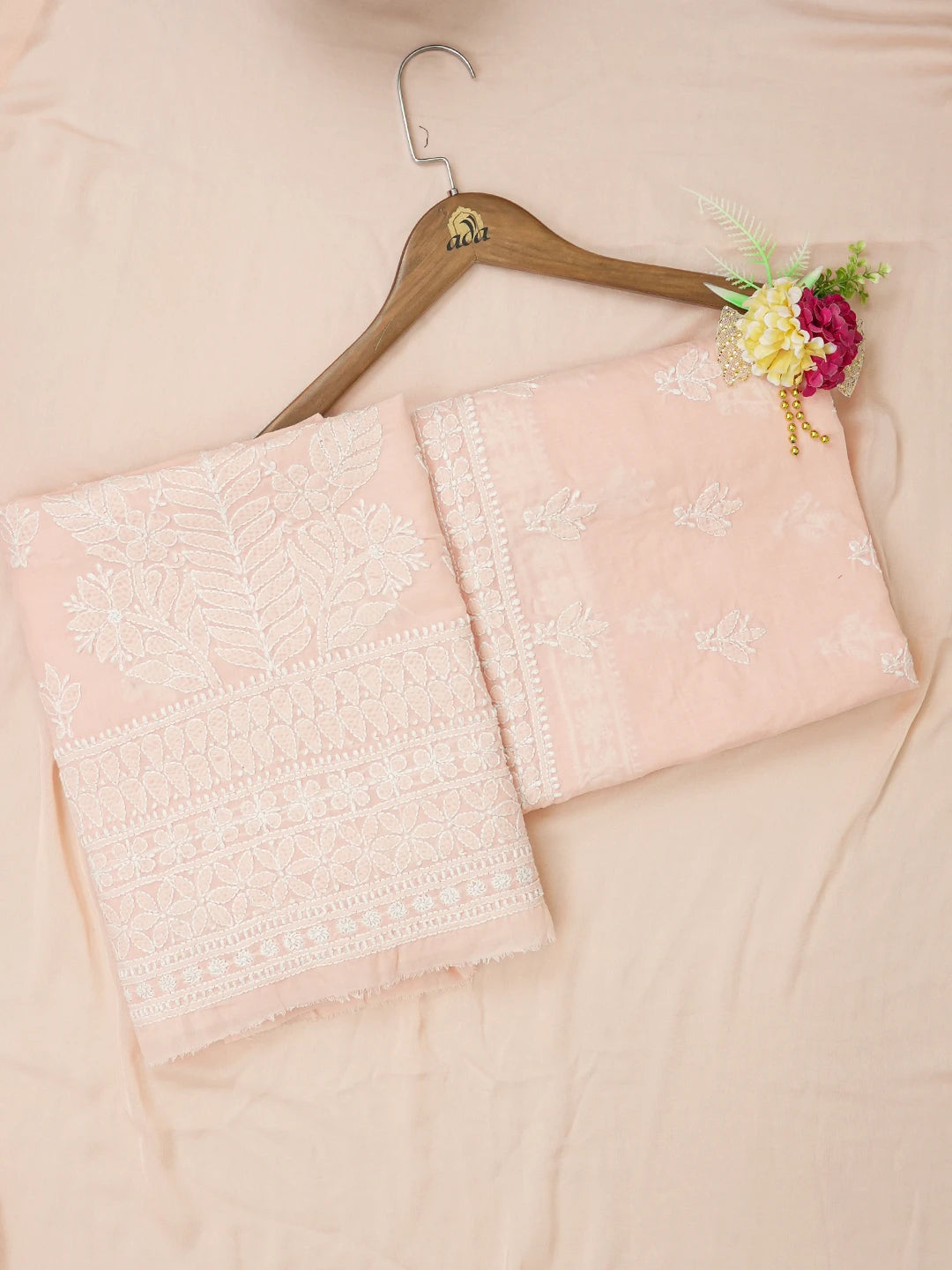 Ada Hand Embroidered Peach Cotton Lucknowi Chikankari Unstitched Suit Piece 01A642861