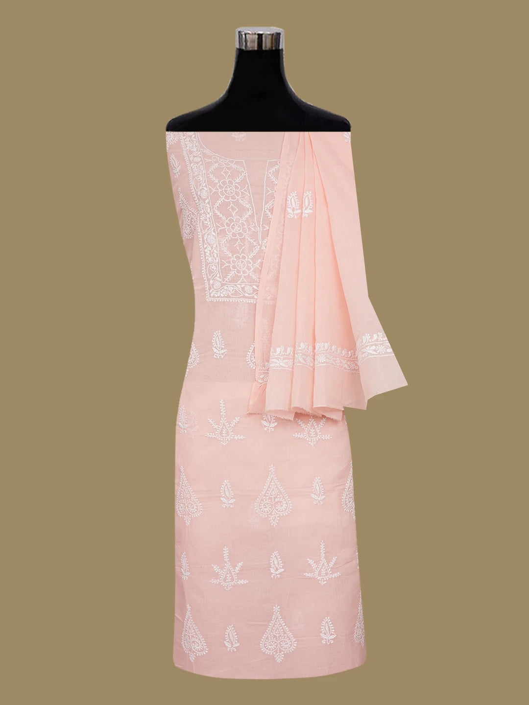 Ada Hand Embroidered Peach Pink Cotton Lucknowi Chikankari Unstitched Suit Piece 01A647393