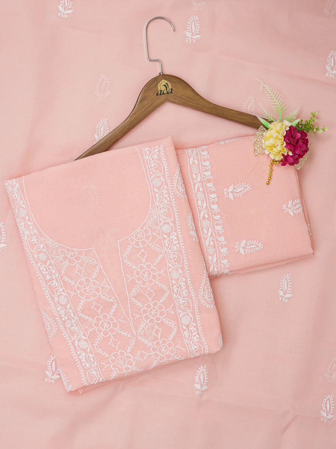 Ada Hand Embroidered Peach Pink Cotton Lucknowi Chikankari Unstitched Suit Piece 01A647393
