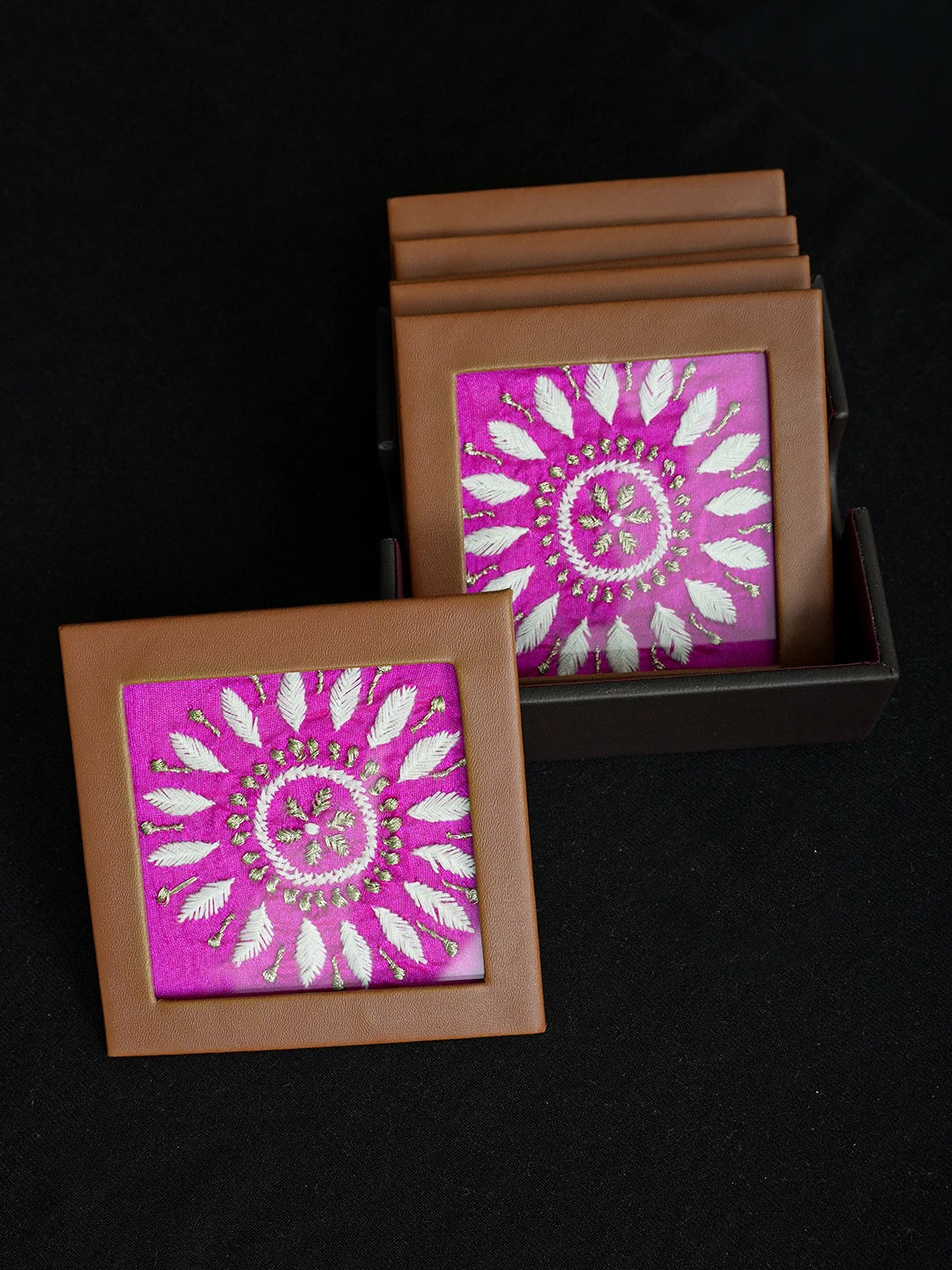 Ada Hand Embroidered Magenta Silk Lucknowi Chikankari Coaster With Zari Work 01A629240