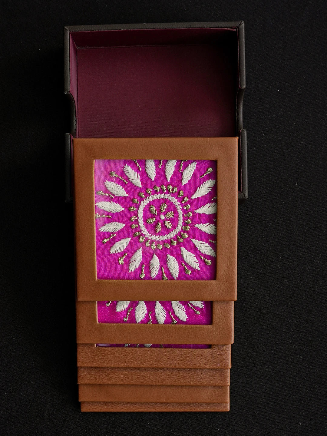 Ada Hand Embroidered Magenta Silk Lucknowi Chikankari Coaster With Zari Work 01A629240