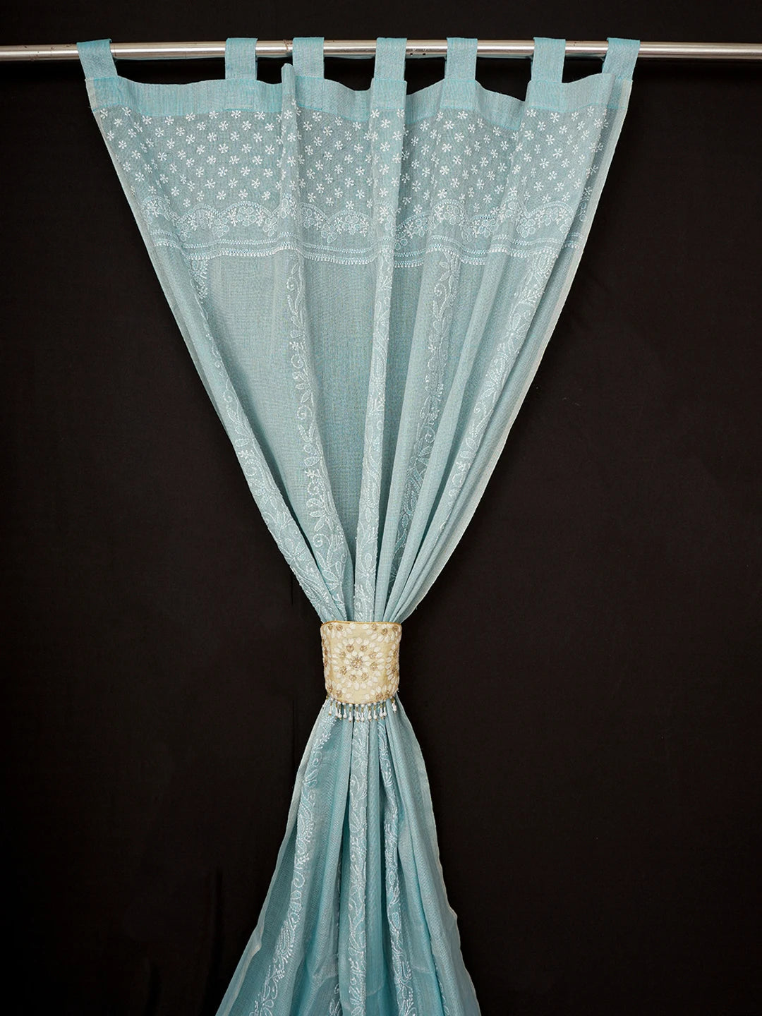 Ada Hand Embroidered Blue Chanderi Lucknowi Chikankari Curtain 01A446589