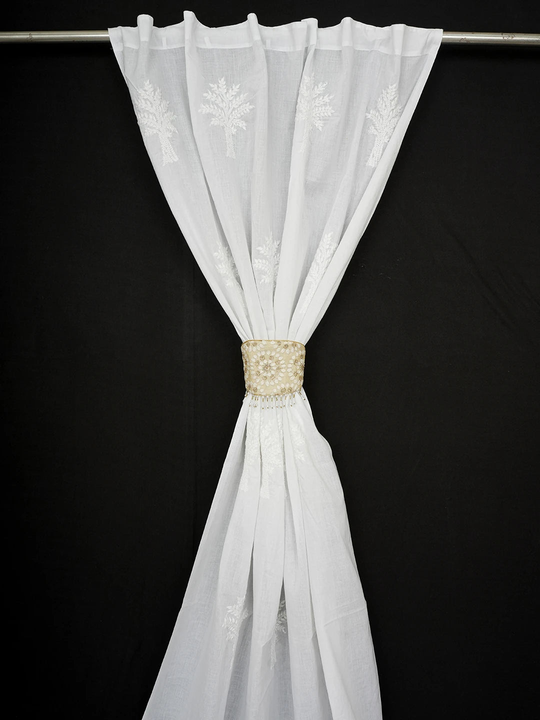 Ada Hand Embroidered White Cotton Lucknowi Chikankari Curtain 01A582373