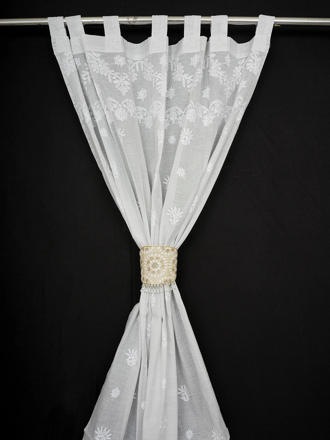 Ada Hand Embroidered French Grey Chanderi Lucknowi Chikankari Curtain 01A476109