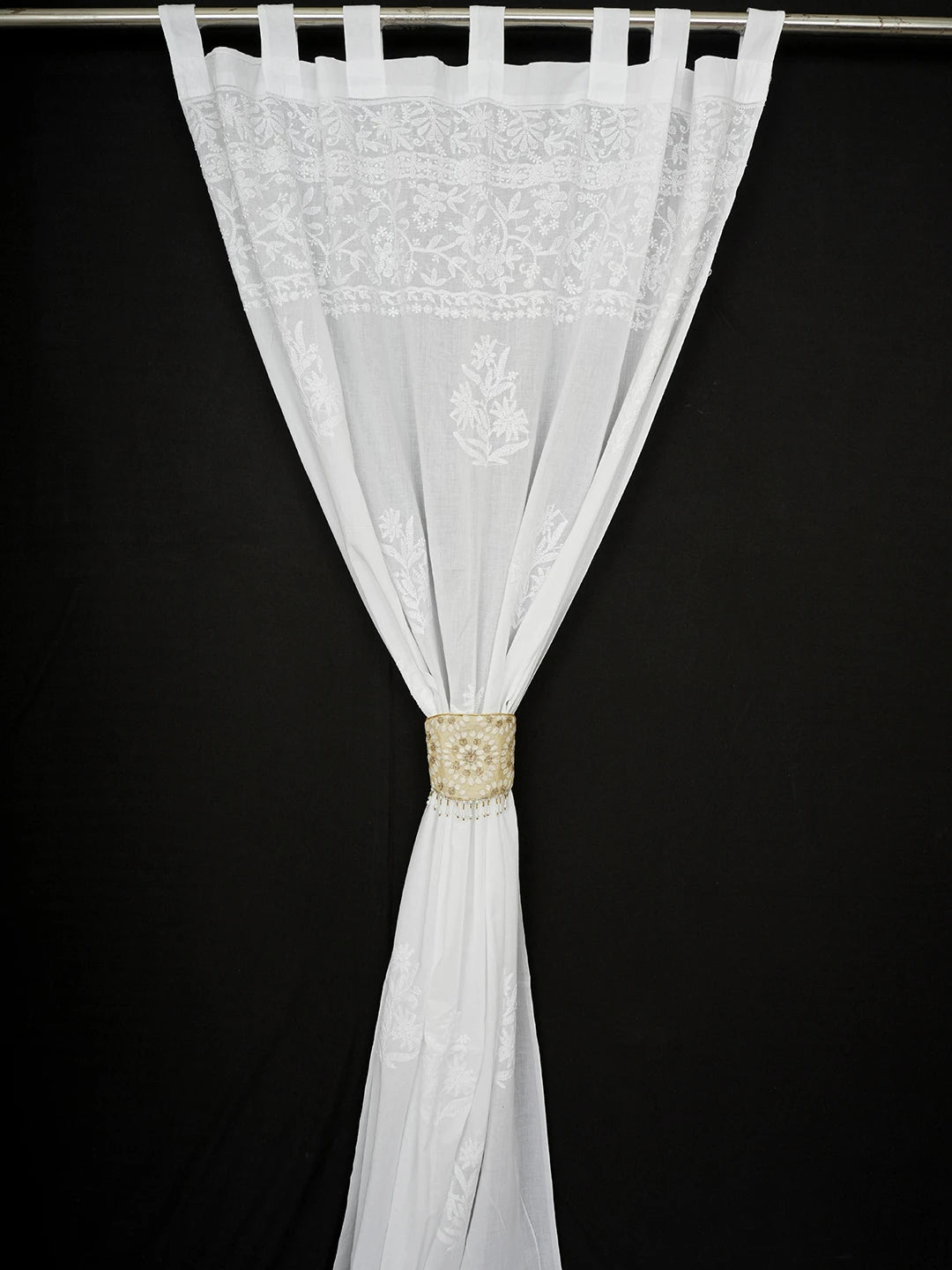 Ada Hand Embroidered White Cotton Lucknowi Chikankari Curtain 01A596697