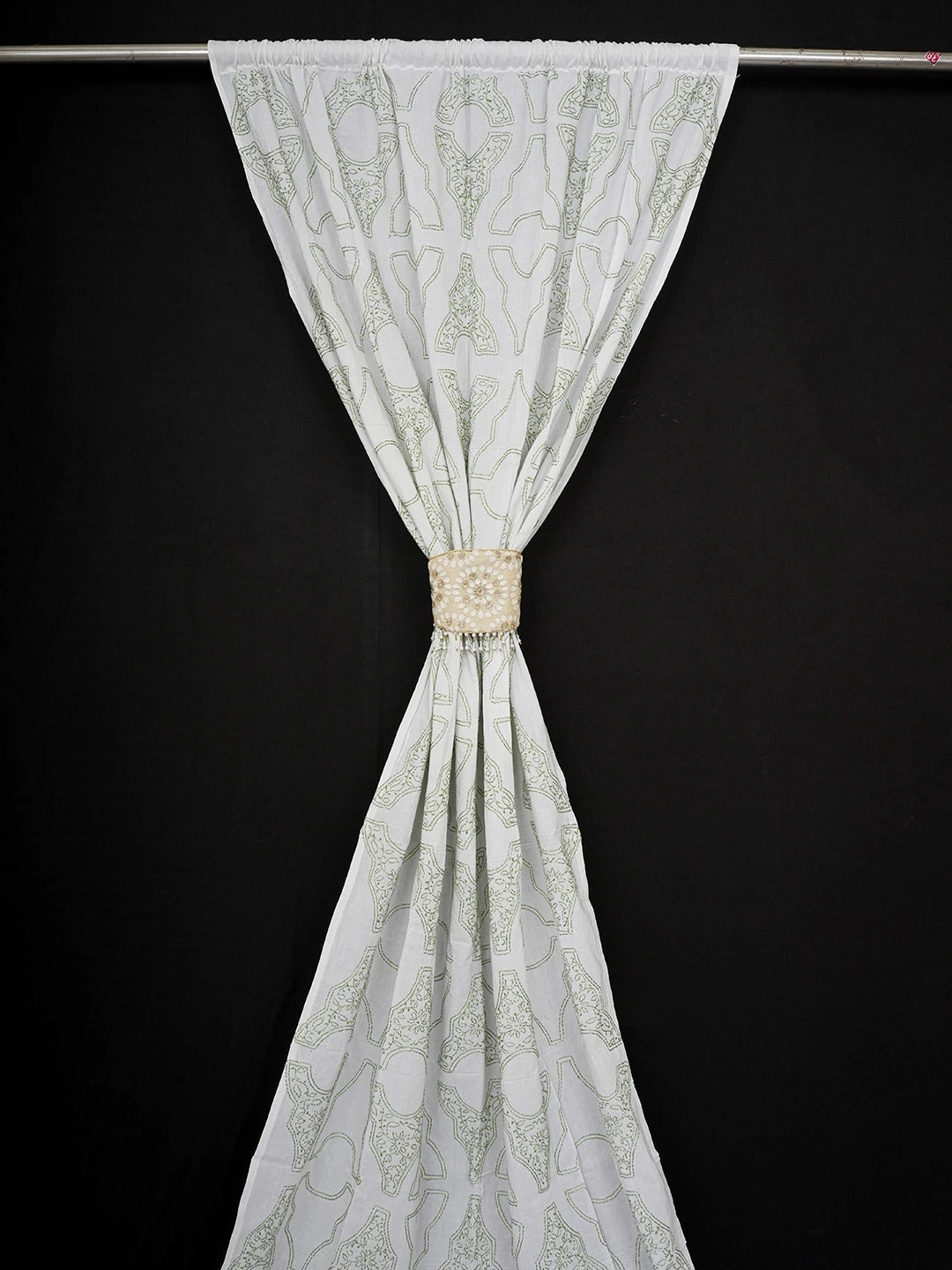 Ada Hand Embroidered White Cotton Lucknowi Chikankari Curtain 01A157739