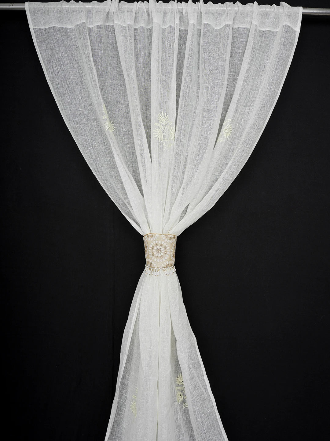 Ada Hand Embroidered White Smoke Linen Lucknowi Chikankari Curtain 01A254947