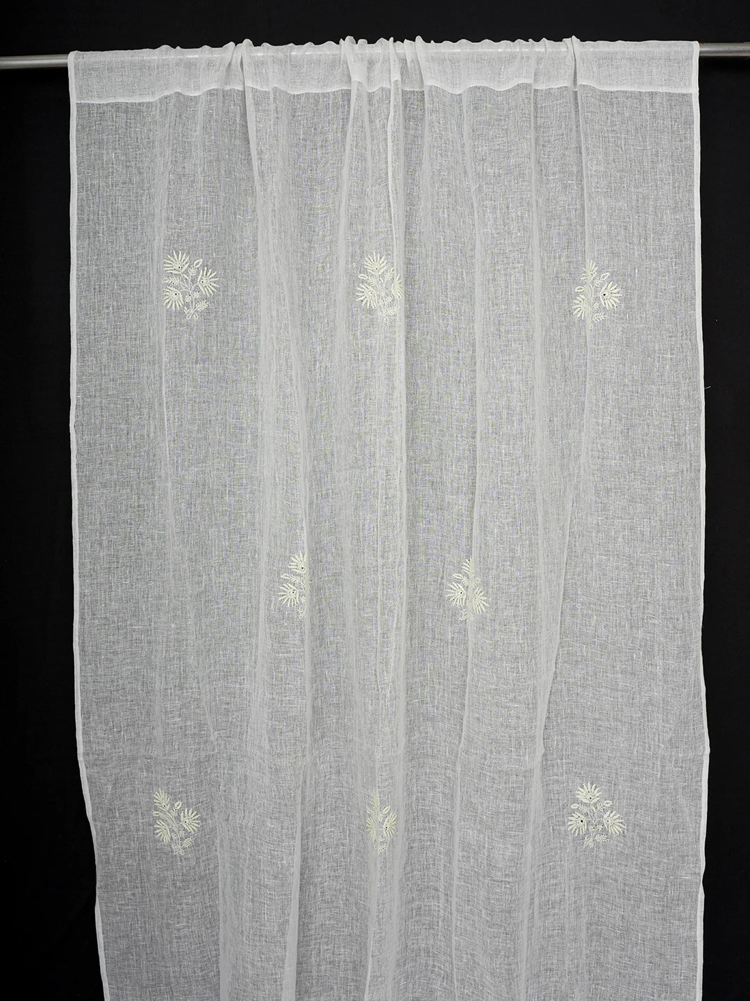 Ada Hand Embroidered White Smoke Linen Lucknowi Chikankari Curtain 01A254947