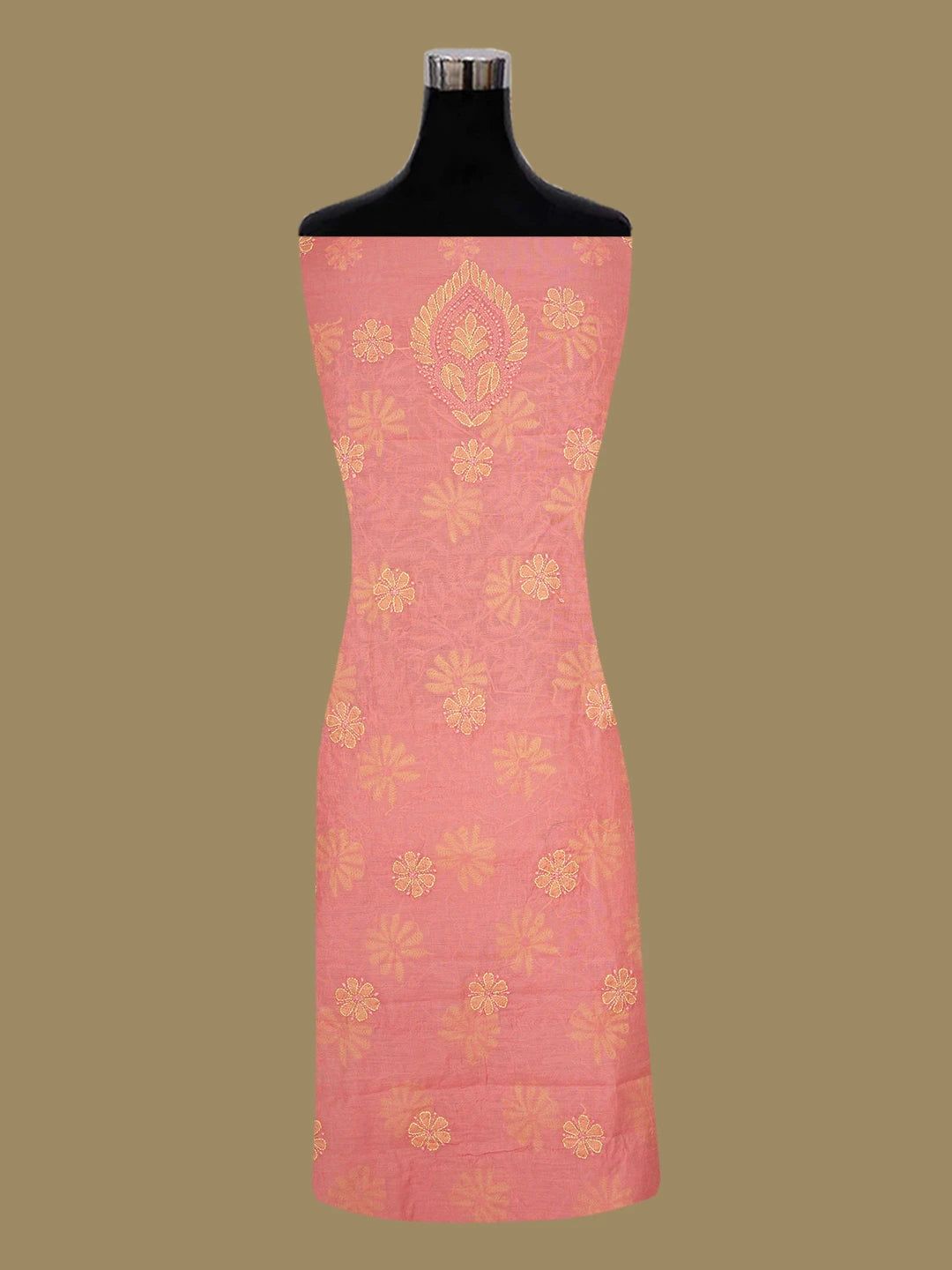 Ada Hand Embroidered Carrot Pink Chanderi Lucknowi Chikankari Unstitched Kurta Dupatta Set 01A647140