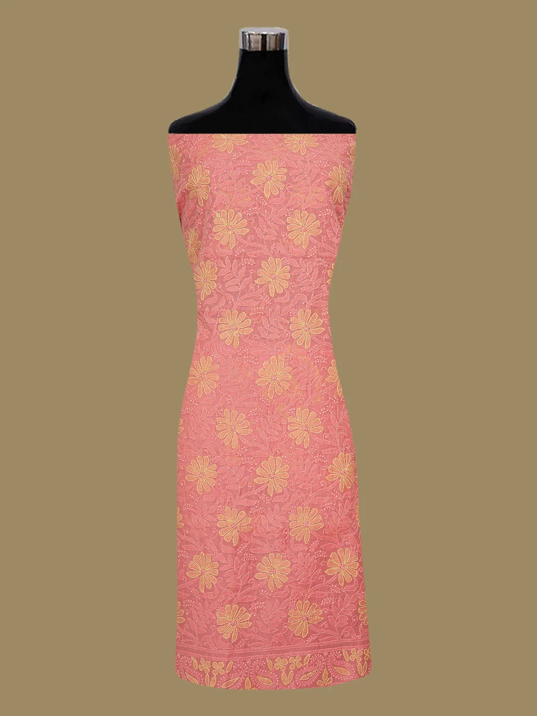 Ada Hand Embroidered Carrot Pink Chanderi Lucknowi Chikankari Unstitched Kurta Dupatta Set 01A647140