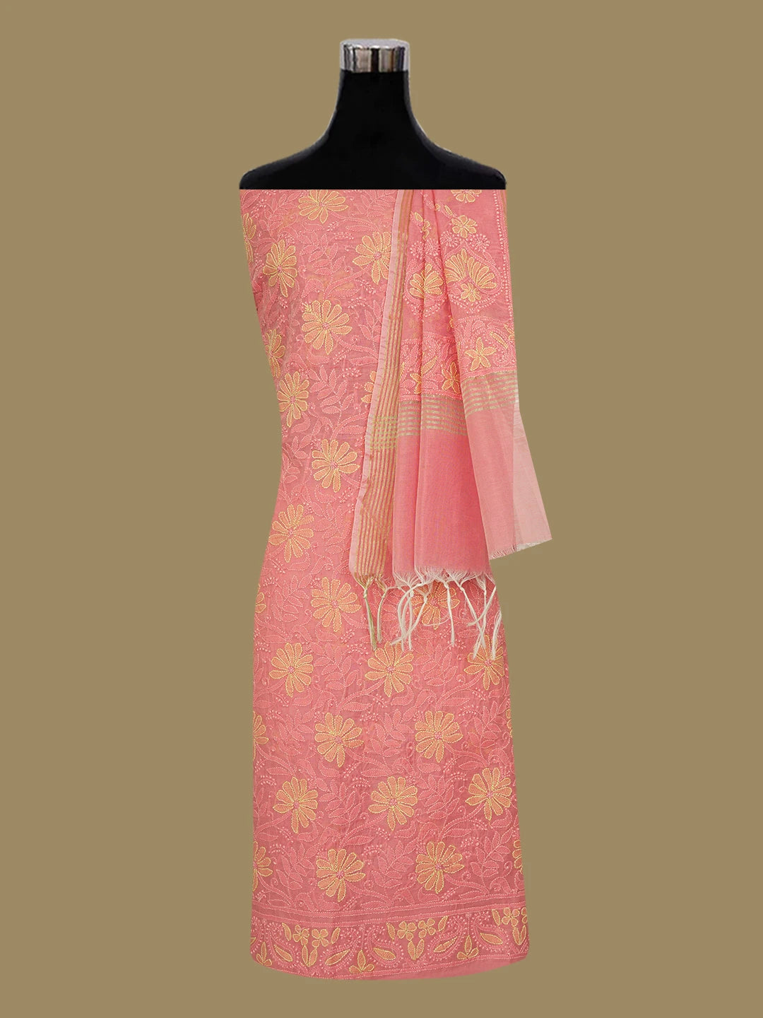Ada Hand Embroidered Carrot Pink Chanderi Lucknowi Chikankari Unstitched Kurta Dupatta Set 01A647140