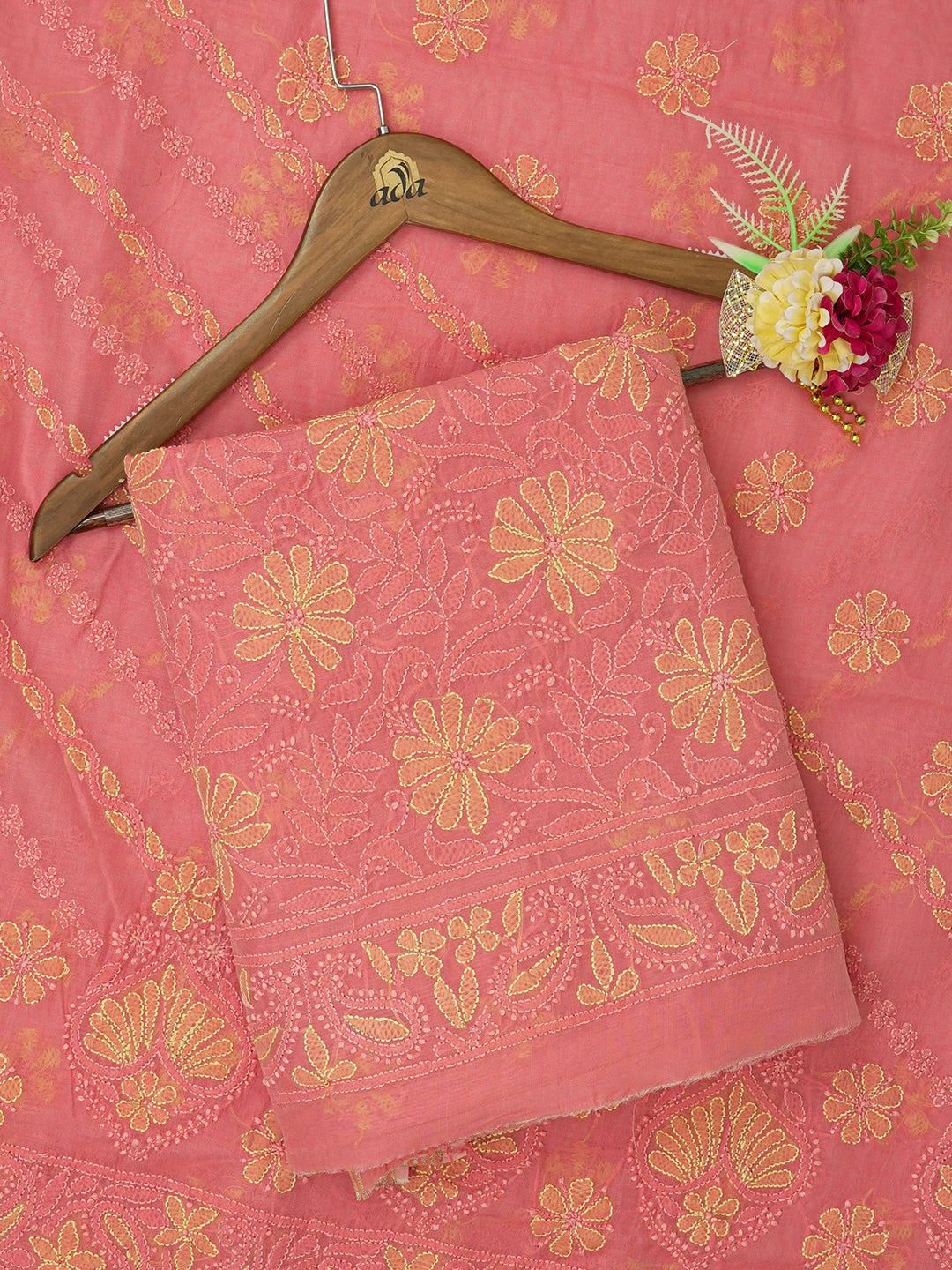 Ada Hand Embroidered Carrot Pink Chanderi Lucknowi Chikankari Unstitched Kurta Dupatta Set 01A647140