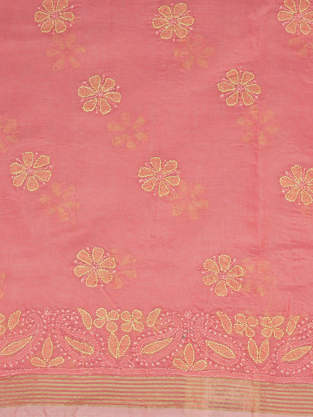 Ada Hand Embroidered Carrot Pink Chanderi Lucknowi Chikankari Unstitched Kurta Dupatta Set 01A647140