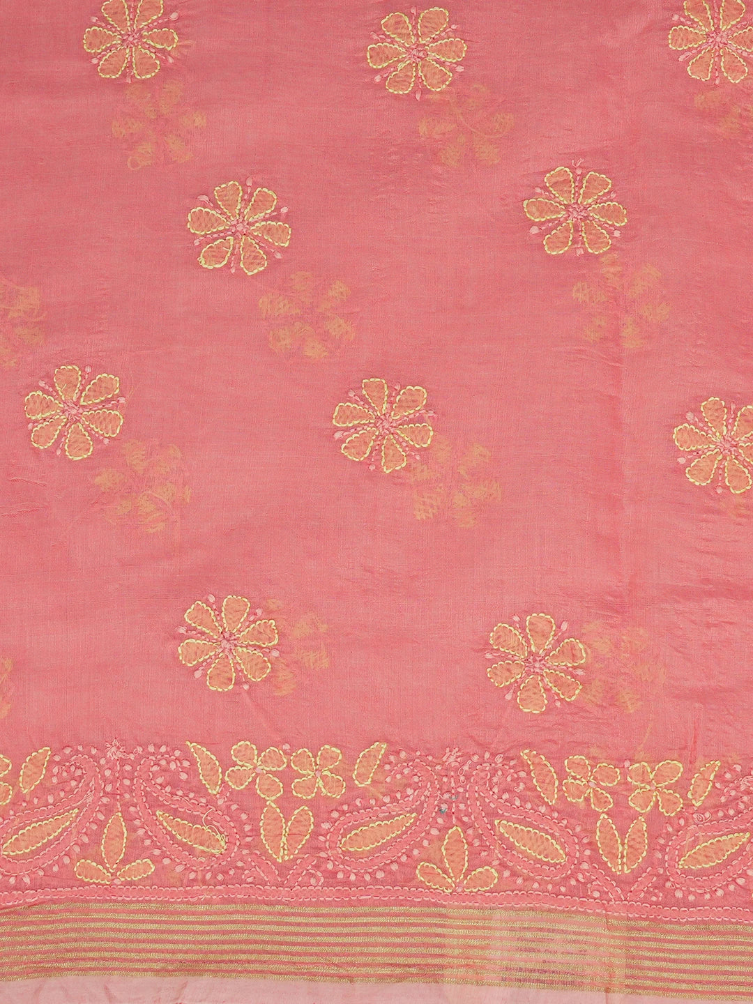 Ada Hand Embroidered Carrot Pink Chanderi Lucknowi Chikankari Unstitched Kurta Dupatta Set 01A647140