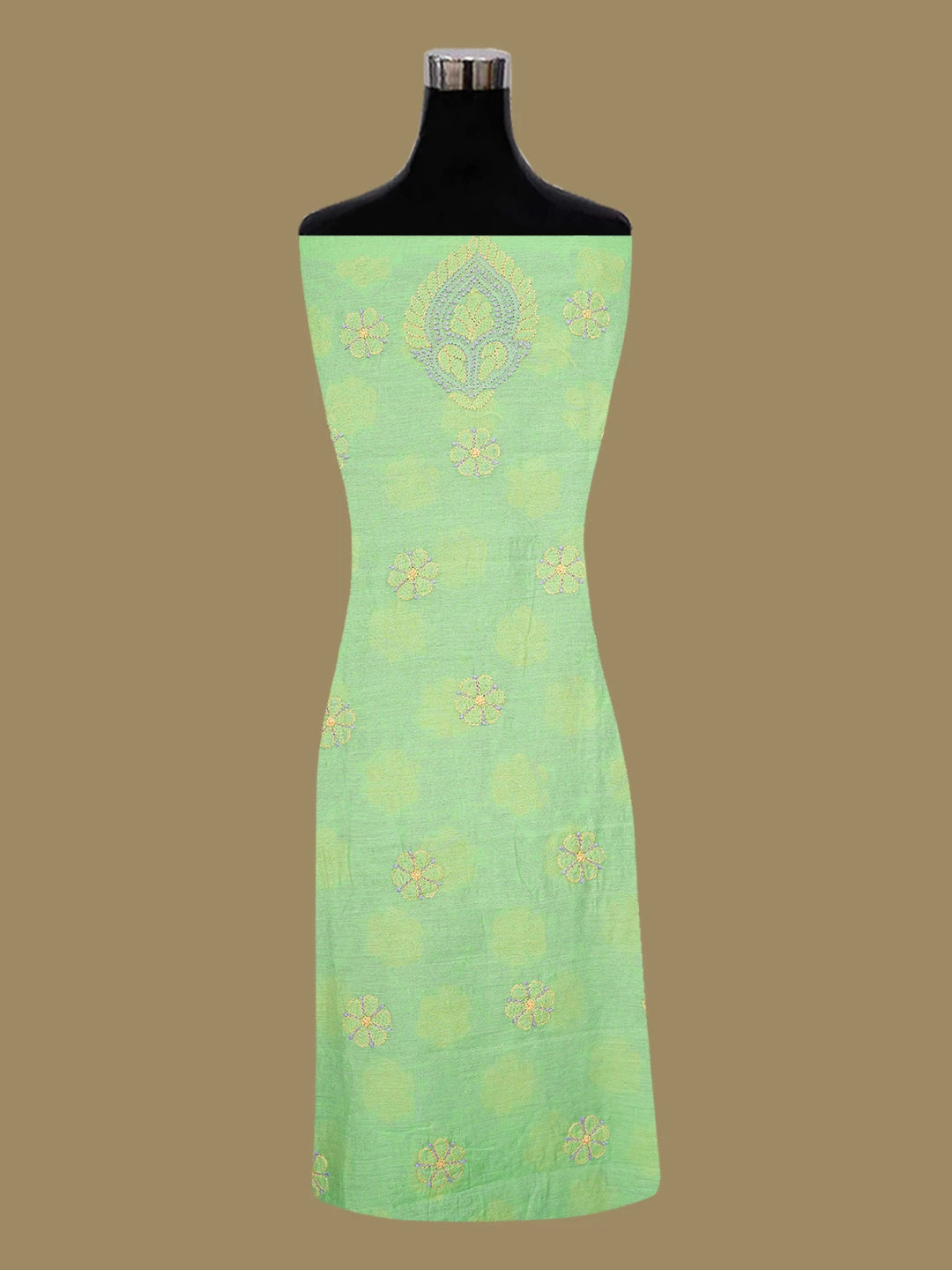 Ada Hand Embroidered Lime Green Chanderi Lucknowi Chikankari Unstitched Kurta Dupatta Set 01A647129