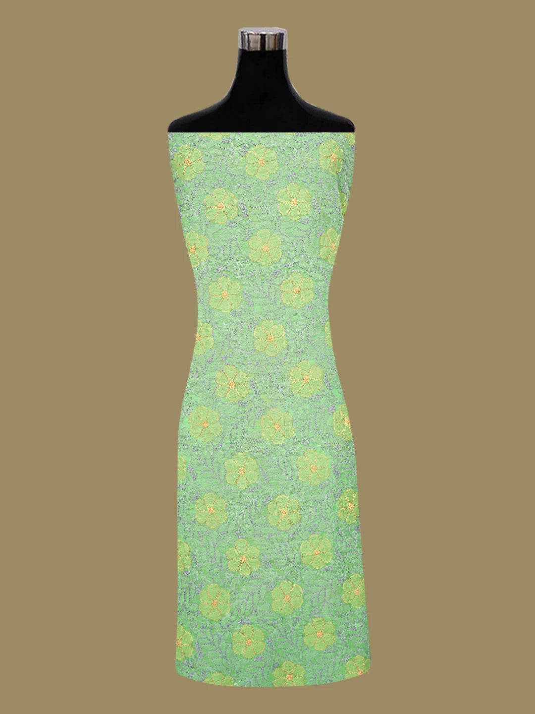 Ada Hand Embroidered Lime Green Chanderi Lucknowi Chikankari Unstitched Kurta Dupatta Set 01A647129