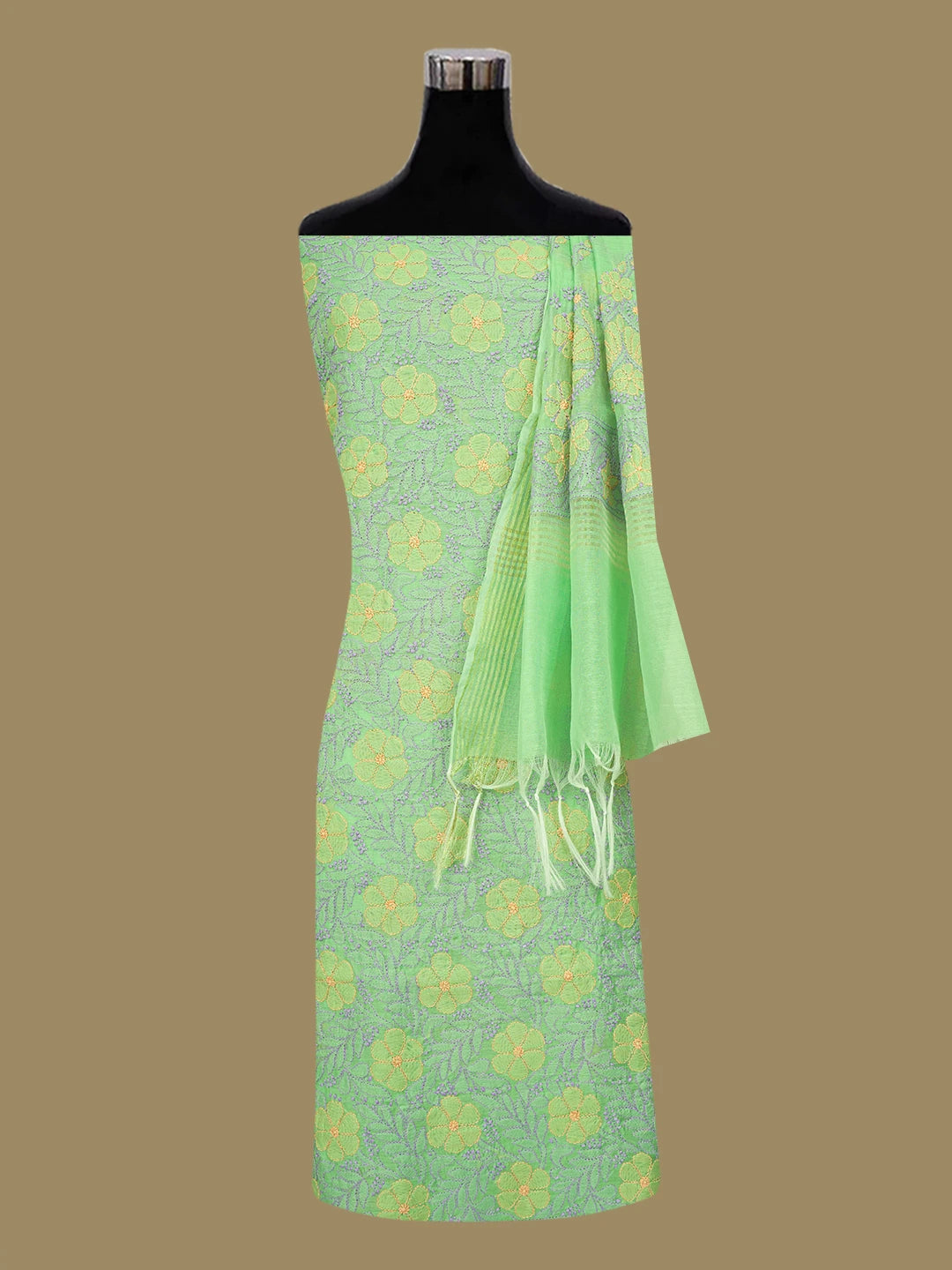 Ada Hand Embroidered Lime Green Chanderi Lucknowi Chikankari Unstitched Kurta Dupatta Set 01A647129