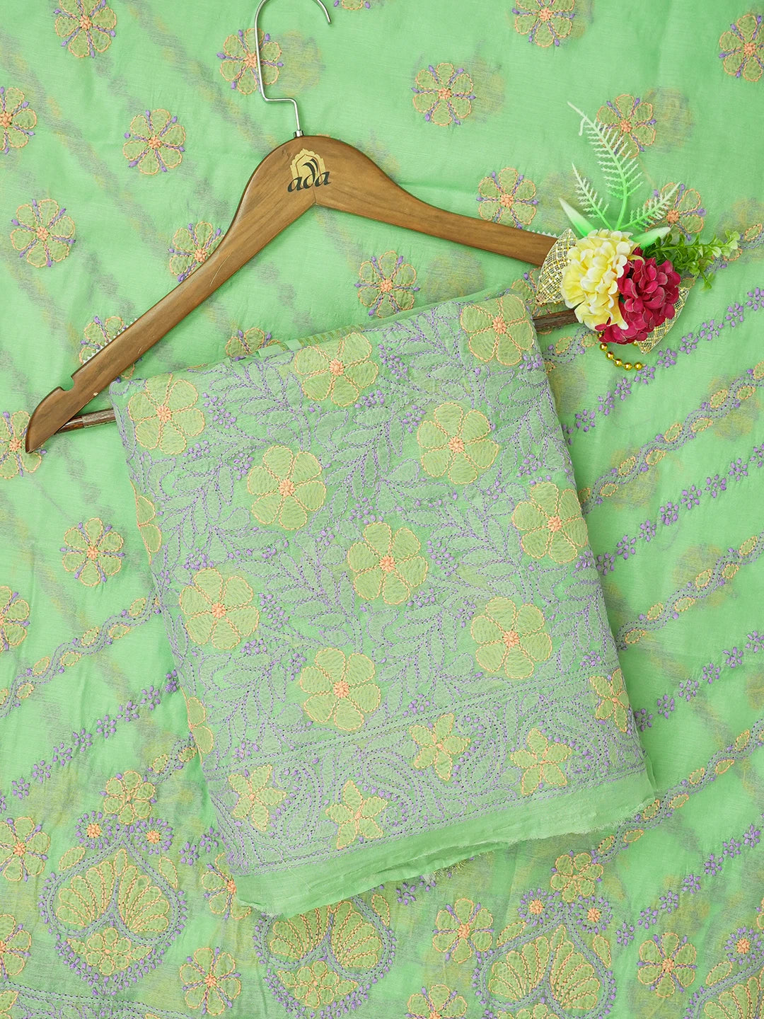 Ada Hand Embroidered Lime Green Chanderi Lucknowi Chikankari Unstitched Kurta Dupatta Set 01A647129