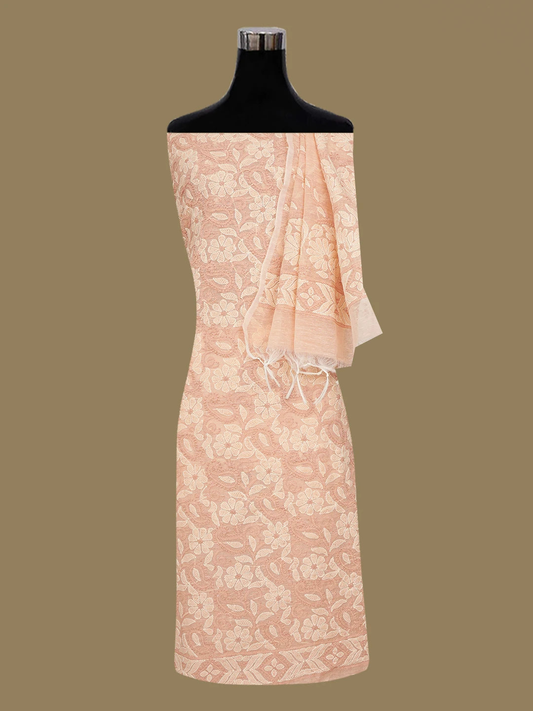 Ada Hand Embroidered Peach Chanderi Lucknowi Chikankari Unstitched Kurta Dupatta Set 01A647202