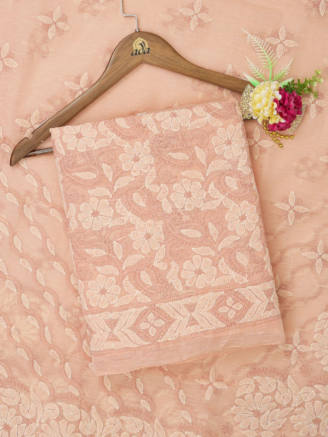 Ada Hand Embroidered Peach Chanderi Lucknowi Chikankari Unstitched Kurta Dupatta Set 01A647202