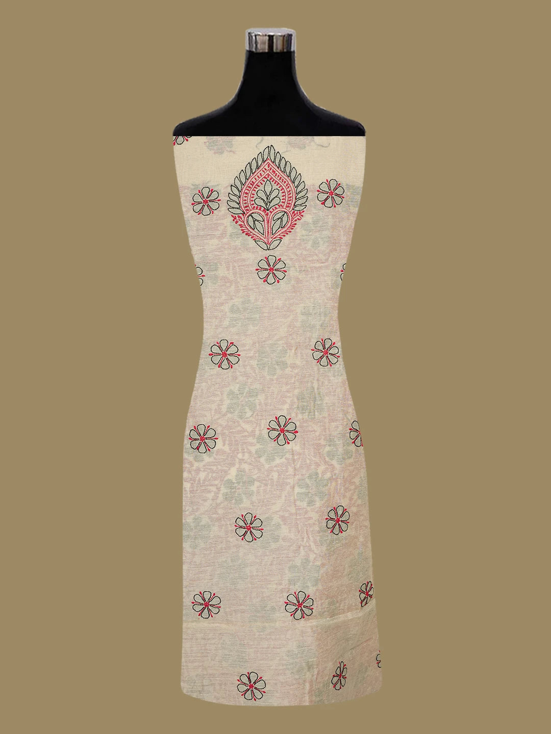 Ada Hand Embroidered Fawn Chanderi Lucknowi Chikankari Unstitched Kurta Dupatta Set 01A647044