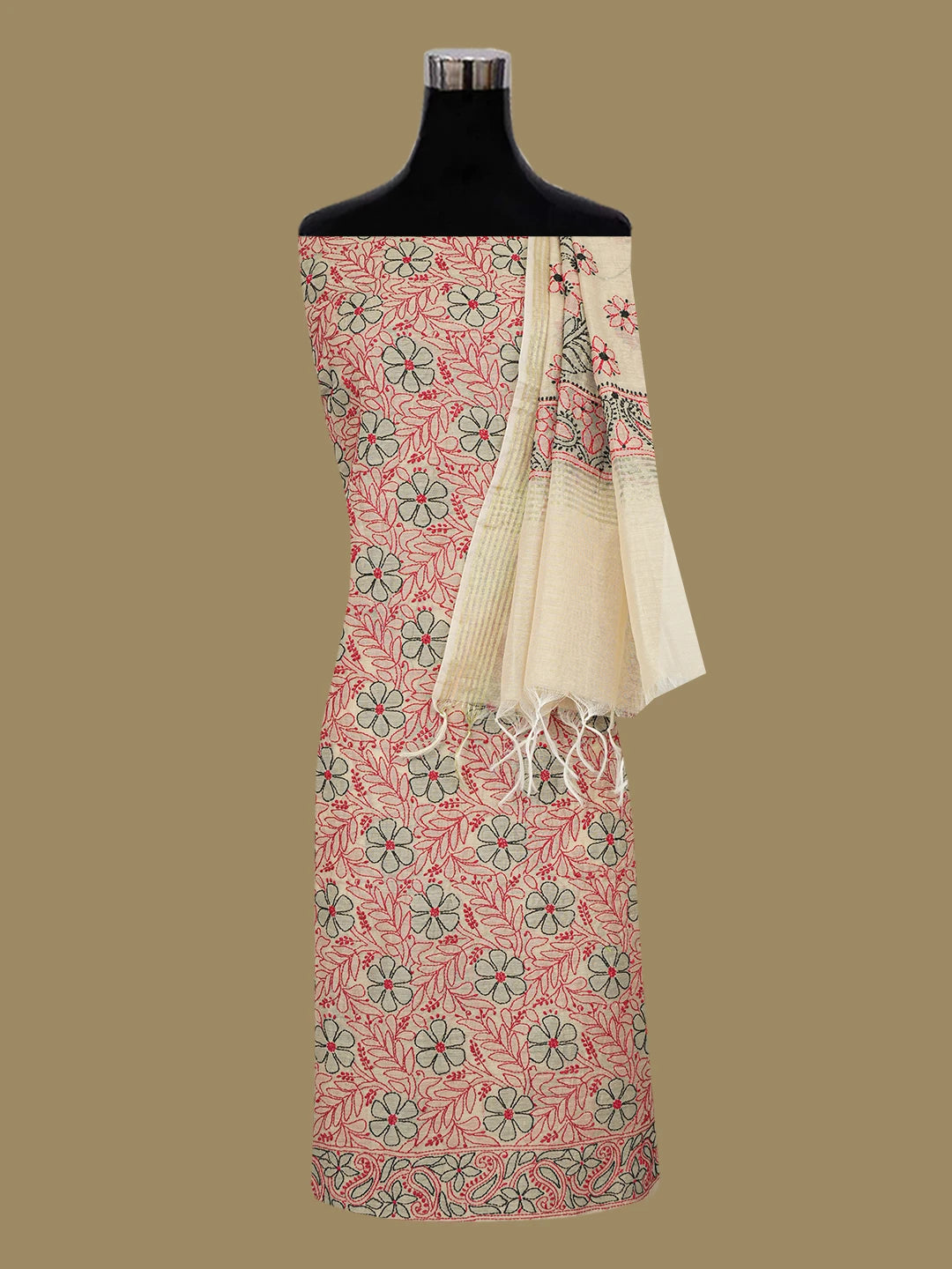 Ada Hand Embroidered Fawn Chanderi Lucknowi Chikankari Unstitched Kurta Dupatta Set 01A647044