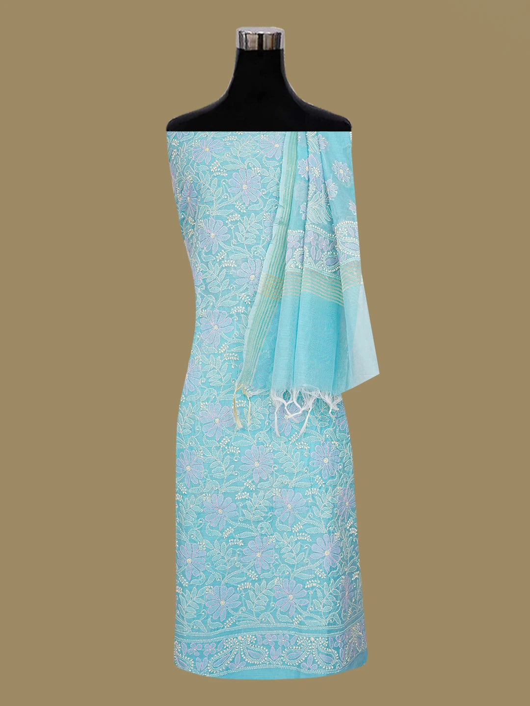 Ada Hand Embroidered Munsell Blue Chanderi Lucknowi Chikankari Unstitched Kurta Dupatta Set 01A647139
