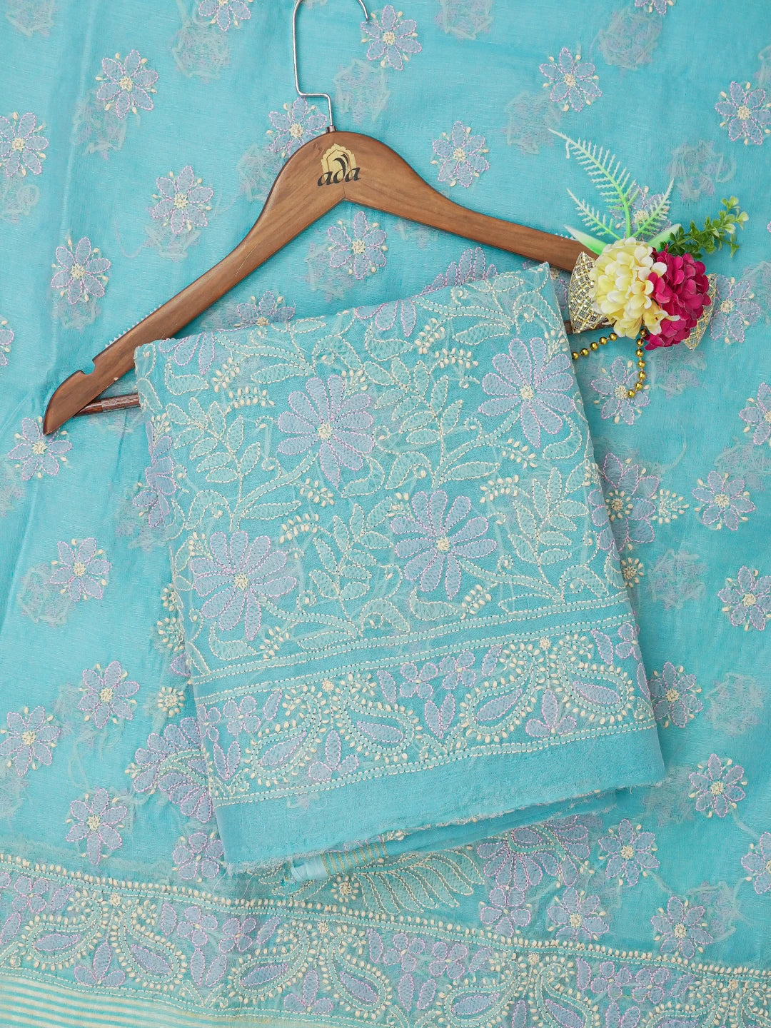 Ada Hand Embroidered Munsell Blue Chanderi Lucknowi Chikankari Unstitched Kurta Dupatta Set 01A647139