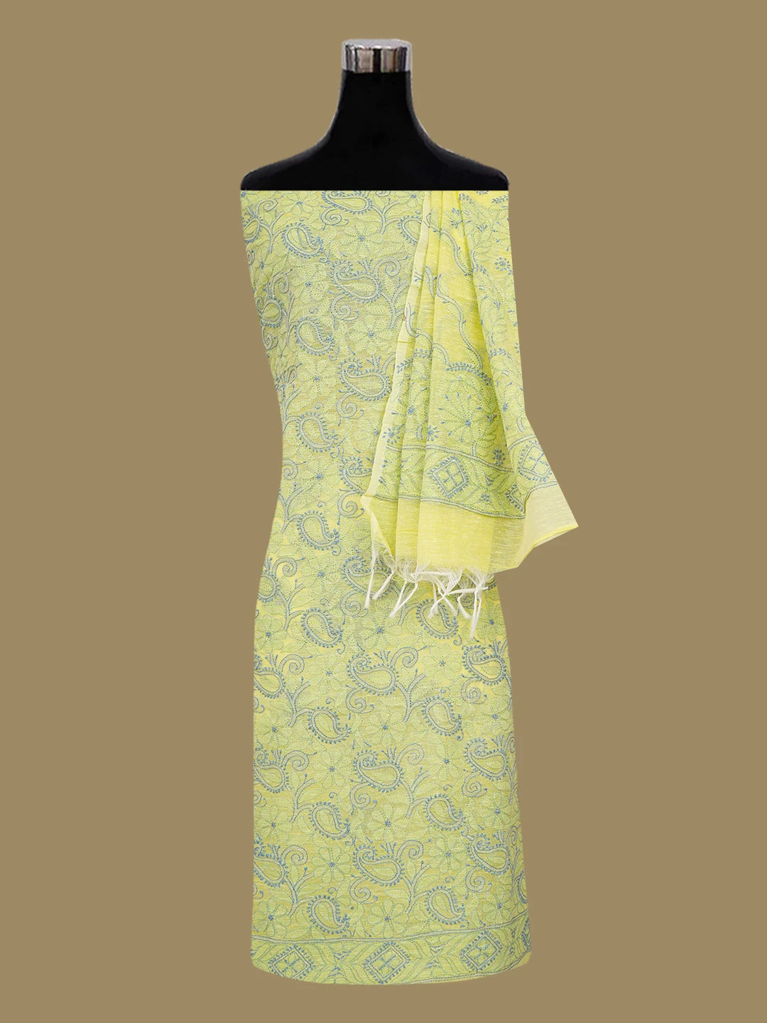Ada Hand Embroidered Arylide Yellow Chanderi Lucknowi Chikankari Unstitched Kurta Dupatta Set 01A647039