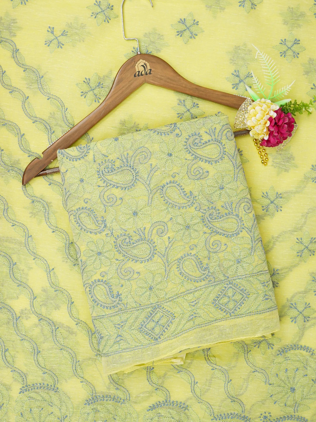Ada Hand Embroidered Arylide Yellow Chanderi Lucknowi Chikankari Unstitched Kurta Dupatta Set 01A647039