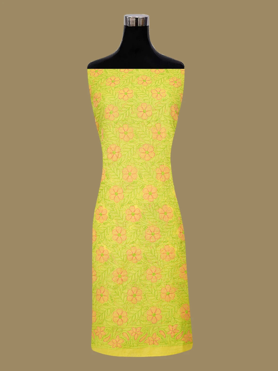 Ada Hand Embroidered Citrine Yellow Chanderi Lucknowi Chikankari Unstitched Kurta Dupatta Set 01A647033