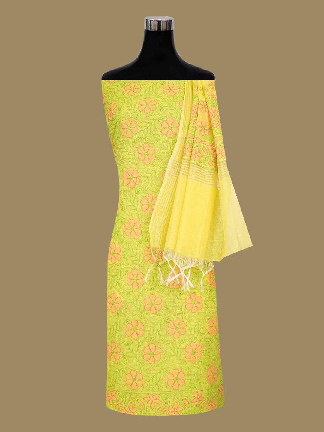 Ada Hand Embroidered Citrine Yellow Chanderi Lucknowi Chikankari Unstitched Kurta Dupatta Set 01A647033