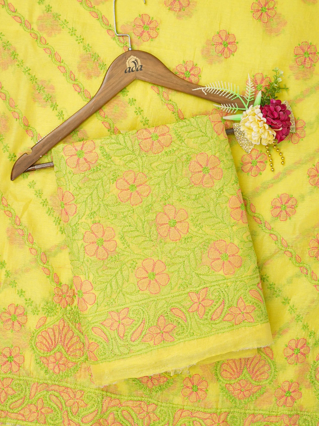 Ada Hand Embroidered Citrine Yellow Chanderi Lucknowi Chikankari Unstitched Kurta Dupatta Set 01A647033