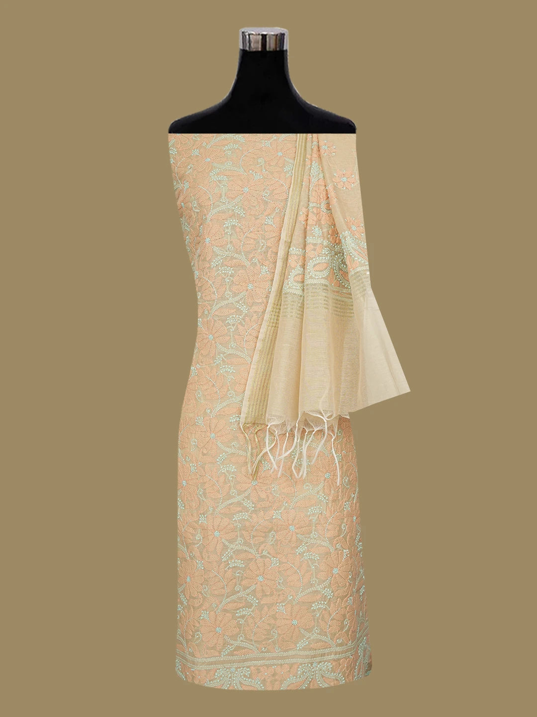 Ada Hand Embroidered Fawn Chanderi Lucknowi Chikankari Unstitched Kurta Dupatta Set 01A647204