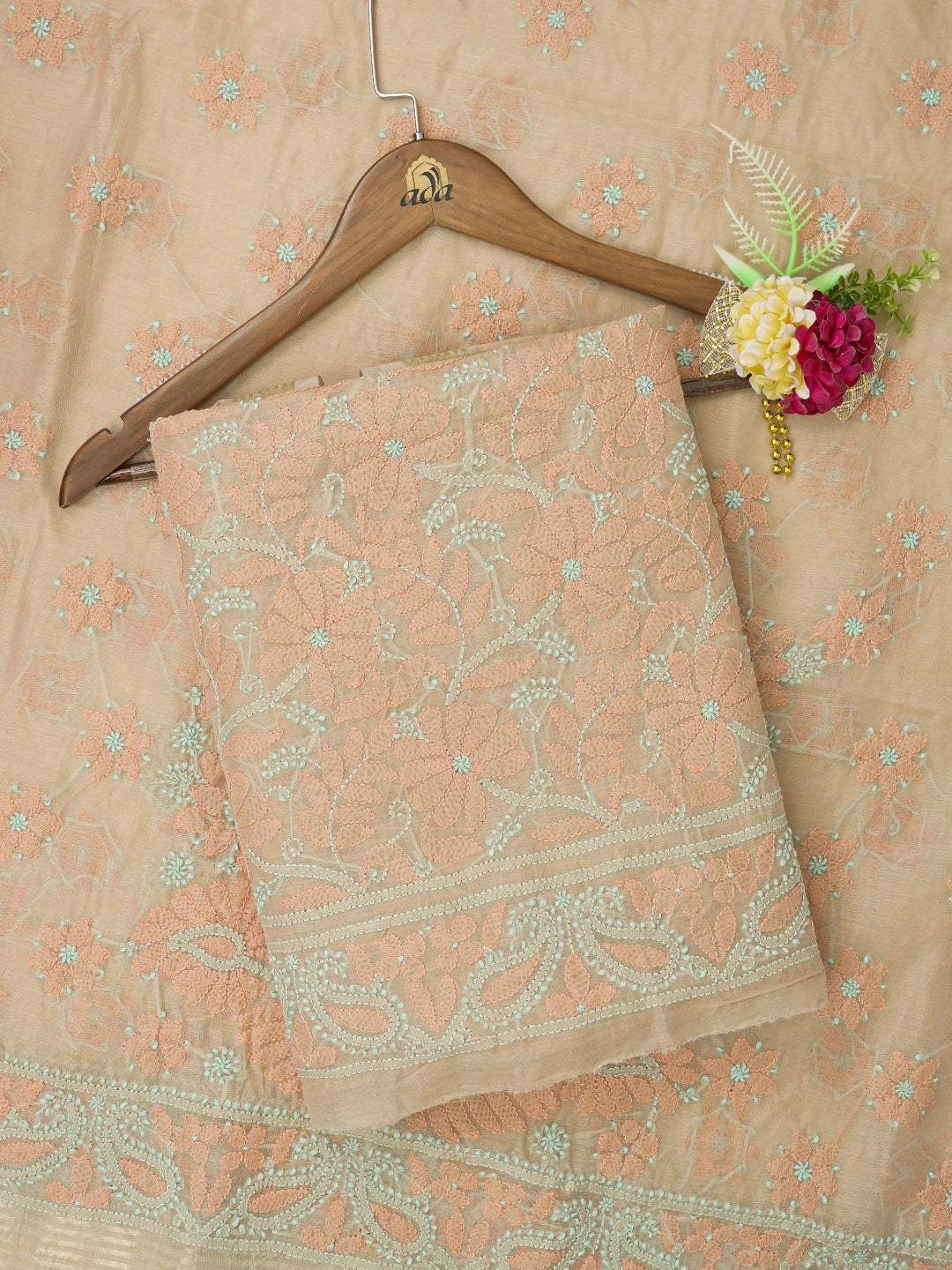 Ada Hand Embroidered Fawn Chanderi Lucknowi Chikankari Unstitched Kurta Dupatta Set 01A647204