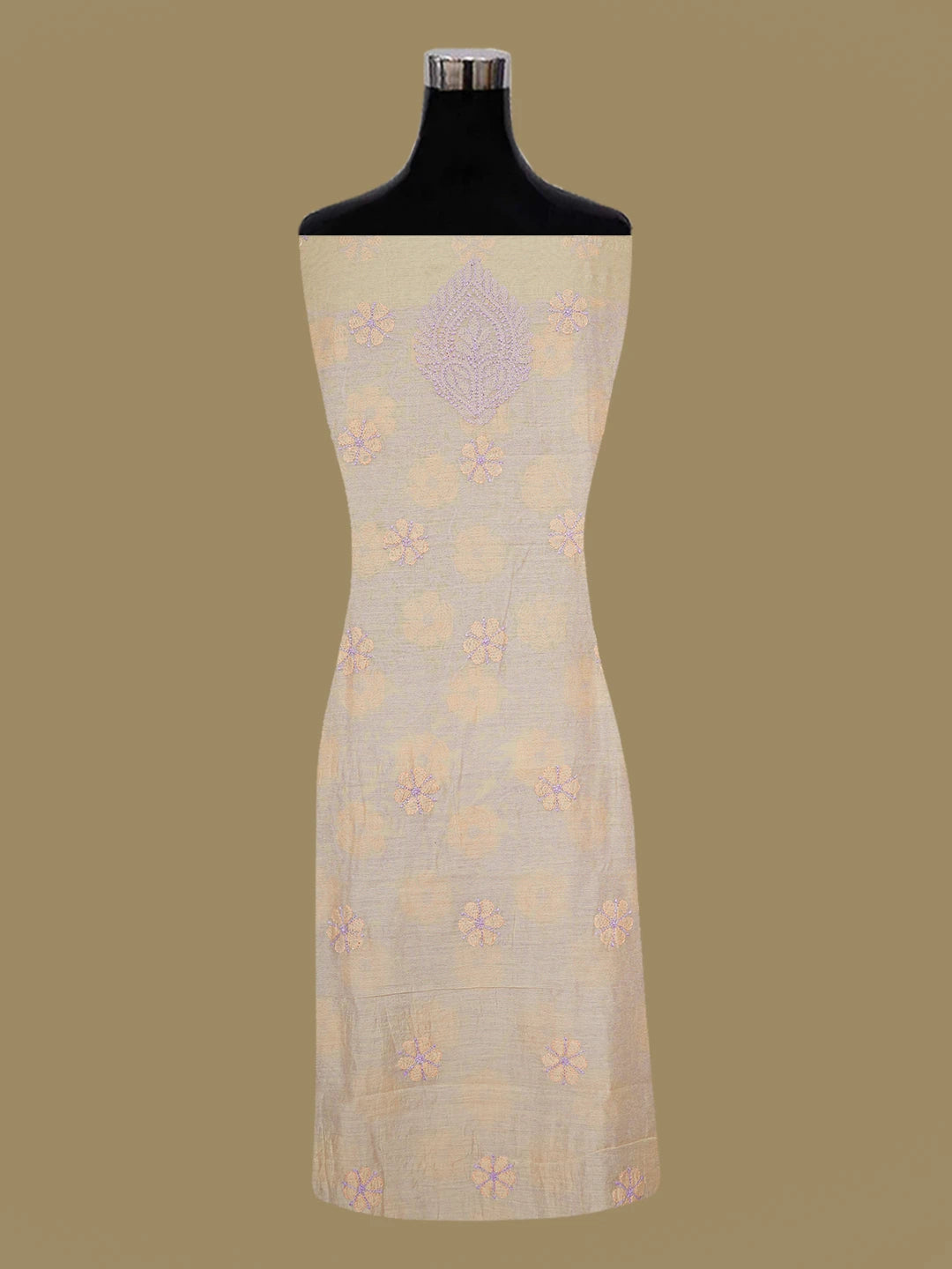Ada Hand Embroidered Fawn Chanderi Lucknowi Chikankari Unstitched Kurta Dupatta Set 01A647203