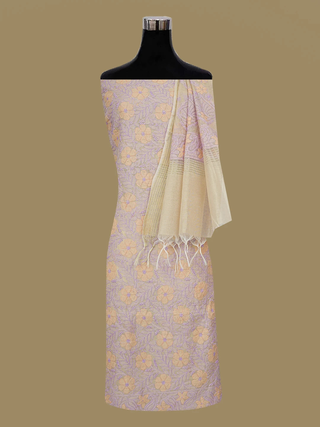 Ada Hand Embroidered Fawn Chanderi Lucknowi Chikankari Unstitched Kurta Dupatta Set 01A647203