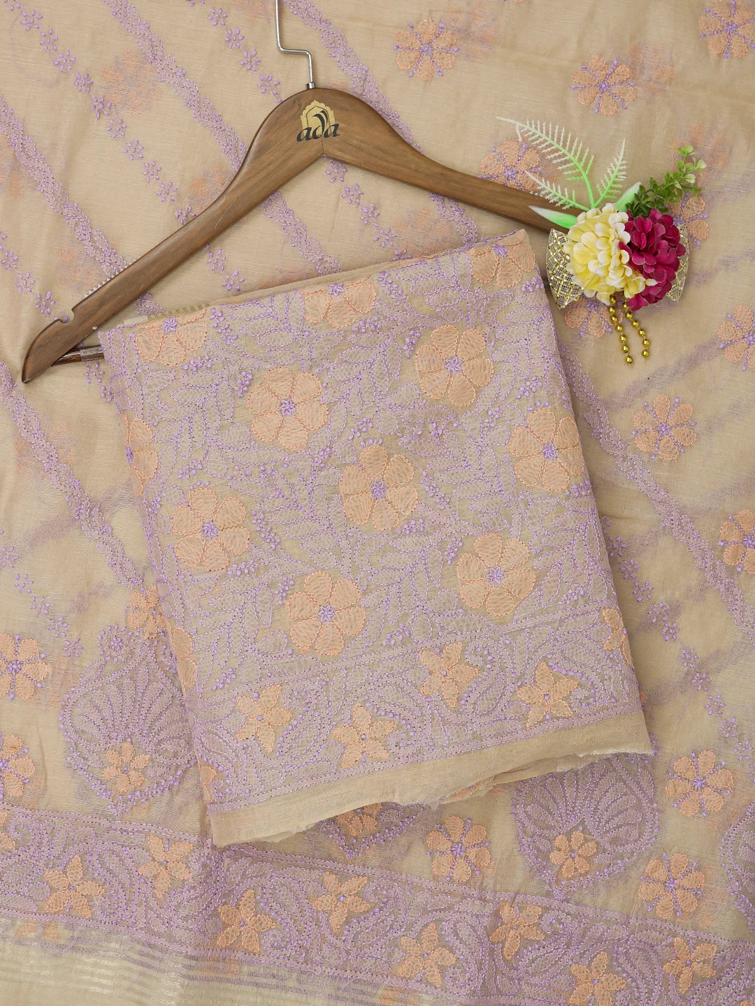 Ada Hand Embroidered Fawn Chanderi Lucknowi Chikankari Unstitched Kurta Dupatta Set 01A647203