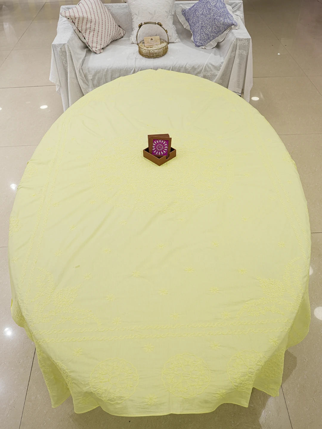 Ada Hand Embroidered Lemon Yellow Cotton Lucknowi Chikankari Table Cover 01A618364