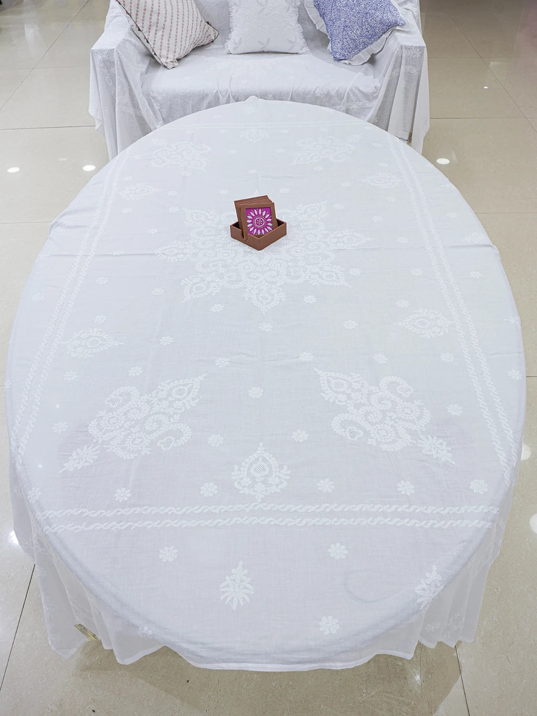 Ada Hand Embroidered White Cotton Lucknowi Chikankari Linen Table Cover A231041