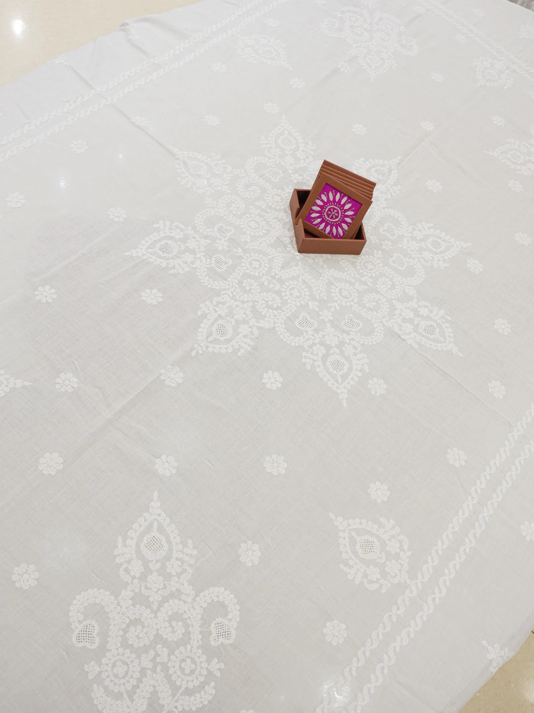 Ada Hand Embroidered White Cotton Lucknowi Chikankari Linen Table Cover A231041