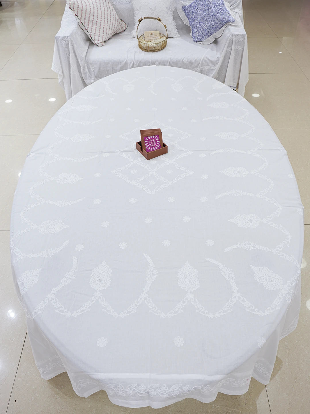 Ada Hand Embroidered White Cotton Lucknowi Chikankari Linen Table Cover 01A272580