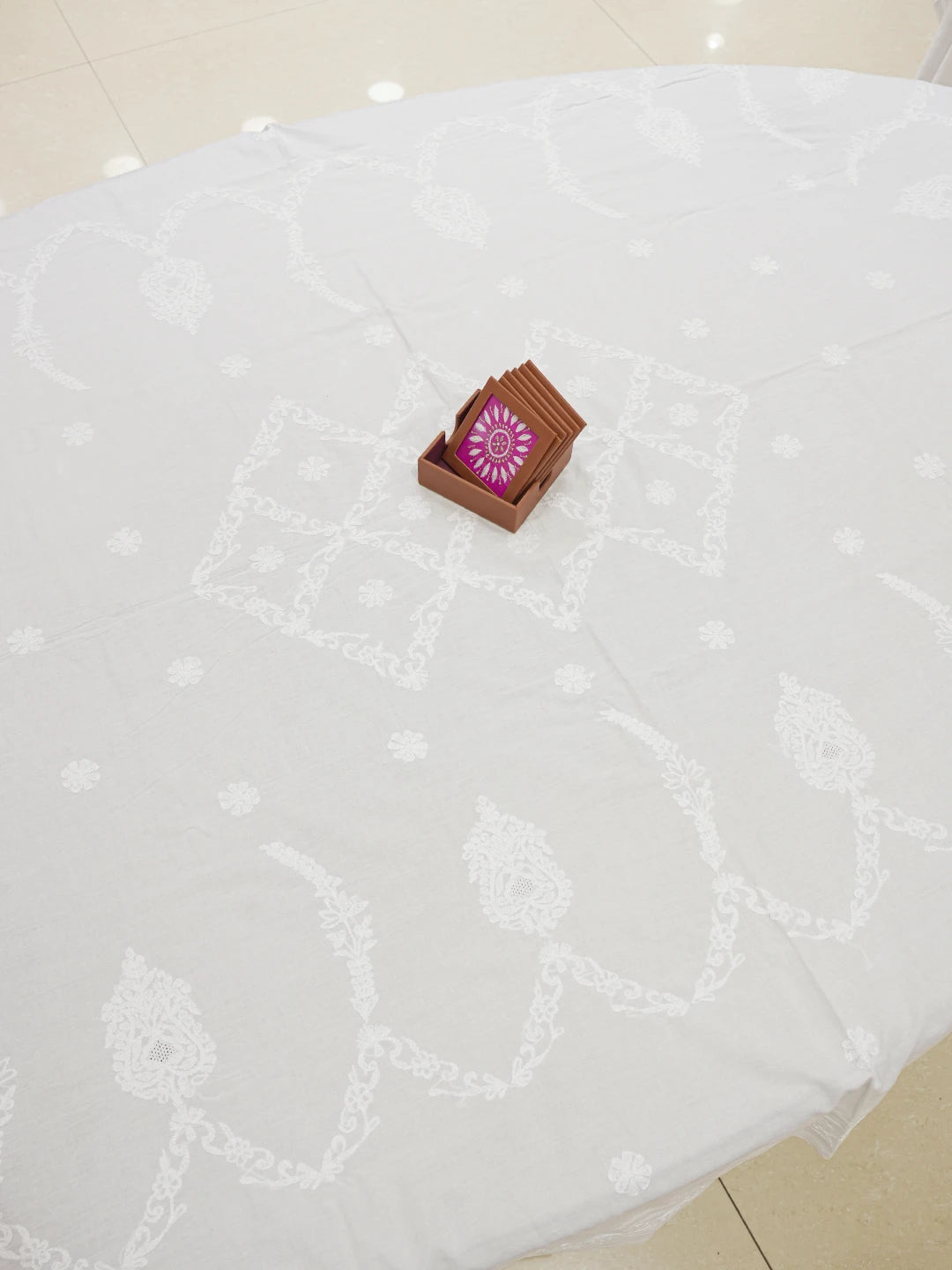 Ada Hand Embroidered White Cotton Lucknowi Chikankari Linen Table Cover 01A272580