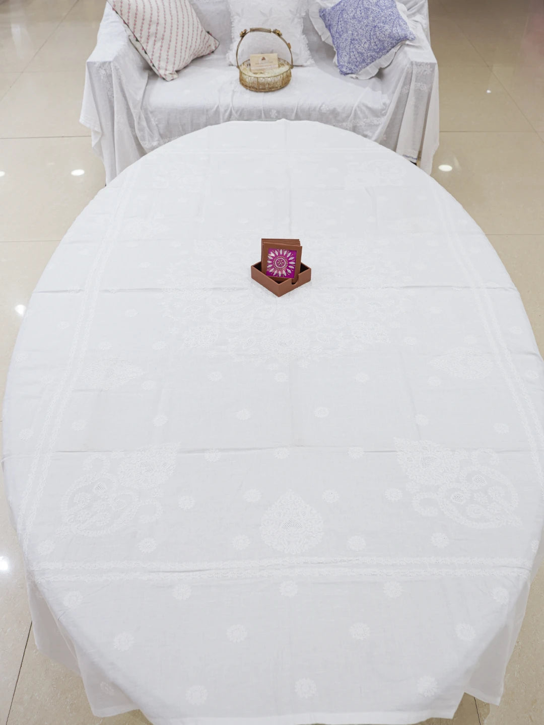 Ada Hand Embroidered White Cotton Lucknowi Chikankari Linen Table Cover A296142